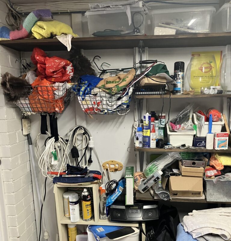 Cluttered open shelves in laundry